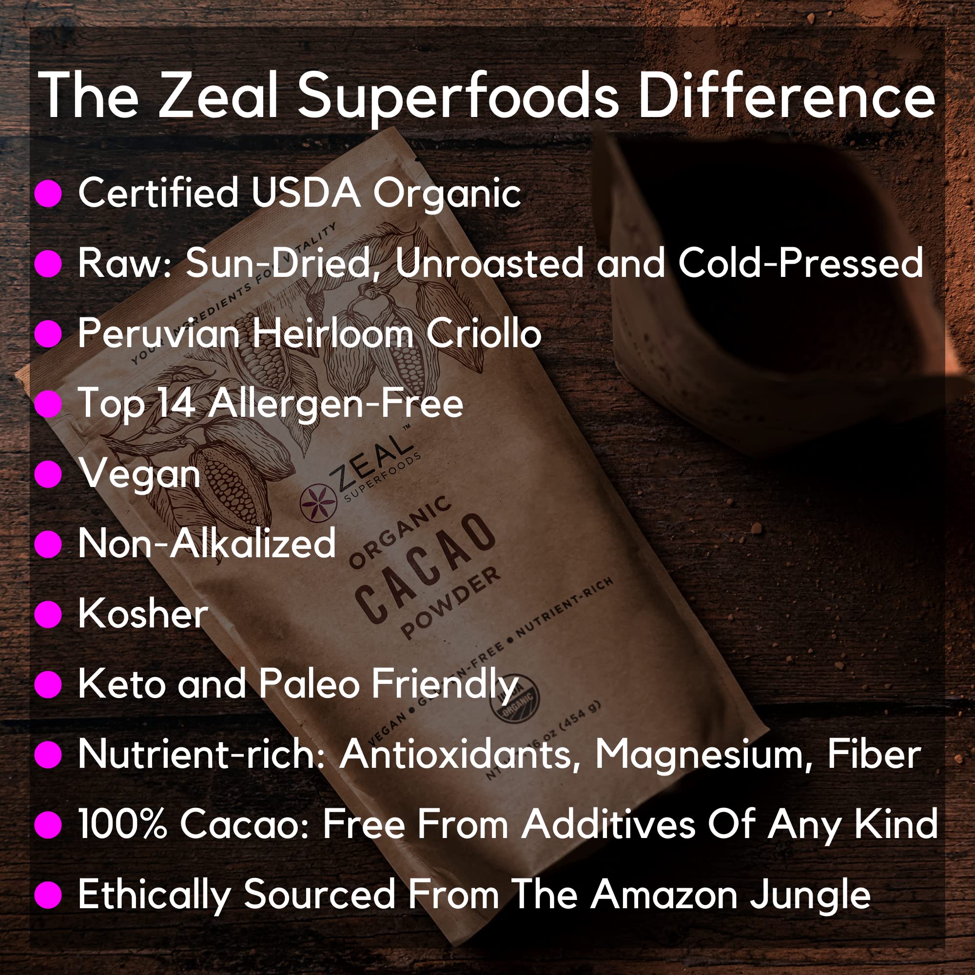 Zeal Superfoods Organic Cacao Powder - Raw, Heirloom Criollo, Top 8 Allergen-Free, Cold-Pressed, Unsweetened, Non-Alkalized, Vegan, Gluten-Free, Keto, Paleo, Kosher, Nutrient-Rich Superfood - Cocoa Powder Substitute - 16 oz (1 lb)