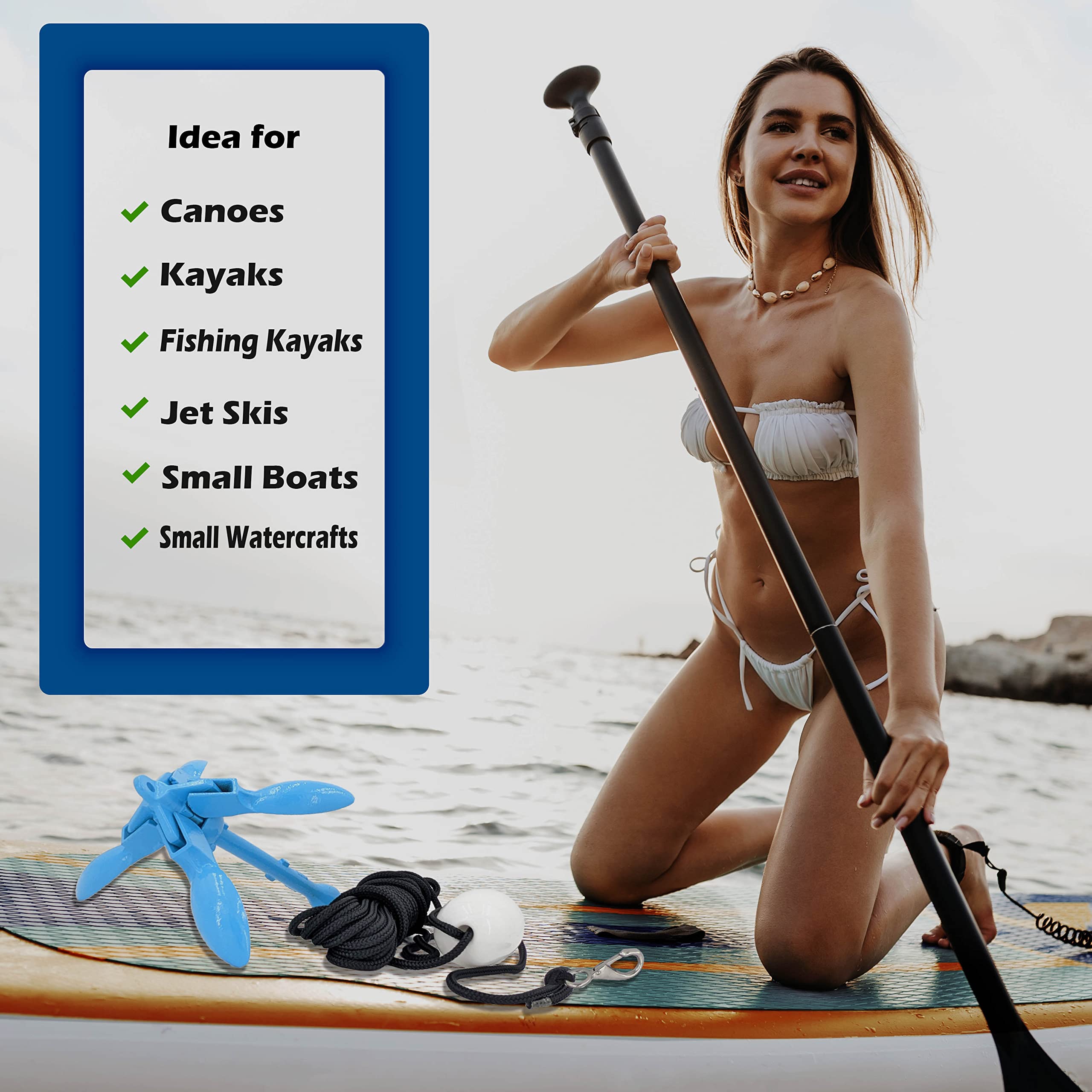 Arya Life Kayak & Paddle Board Anchor with 40ft Rope (7mm/0.275" thick). Premium 3.5 lbs Folding Anchor Kit for Paddle Boards, Canoes, Kayak and Small Boats. (Kayak Fishing Accessories) (SUP), Blue