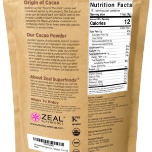 Zeal Superfoods Organic Cacao Powder - Raw, Heirloom Criollo, Top 8 Allergen-Free, Cold-Pressed, Unsweetened, Non-Alkalized, Vegan, Gluten-Free, Keto, Paleo, Kosher, Nutrient-Rich Superfood - Cocoa Powder Substitute - 16 oz (1 lb)