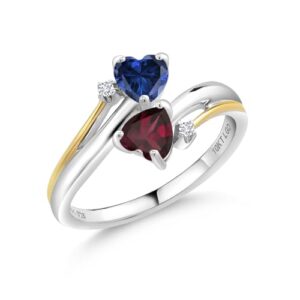 gem stone king 1.07 ct blue created sapphire red rhodolite garnet 925 silver and 10k yellow gold lab grown diamond 2 heart promise couple engagement mother ring (size 9)