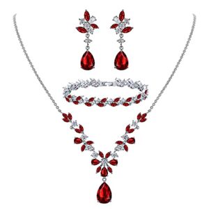 EleQueen Women's Wedding Bridal Jewelry Set for Brides Bridesmaids, Sparkle Cubic Zirconia Teardrop Necklace Dangle Earrings Bracelet Sets for Party Prom Ruby Color