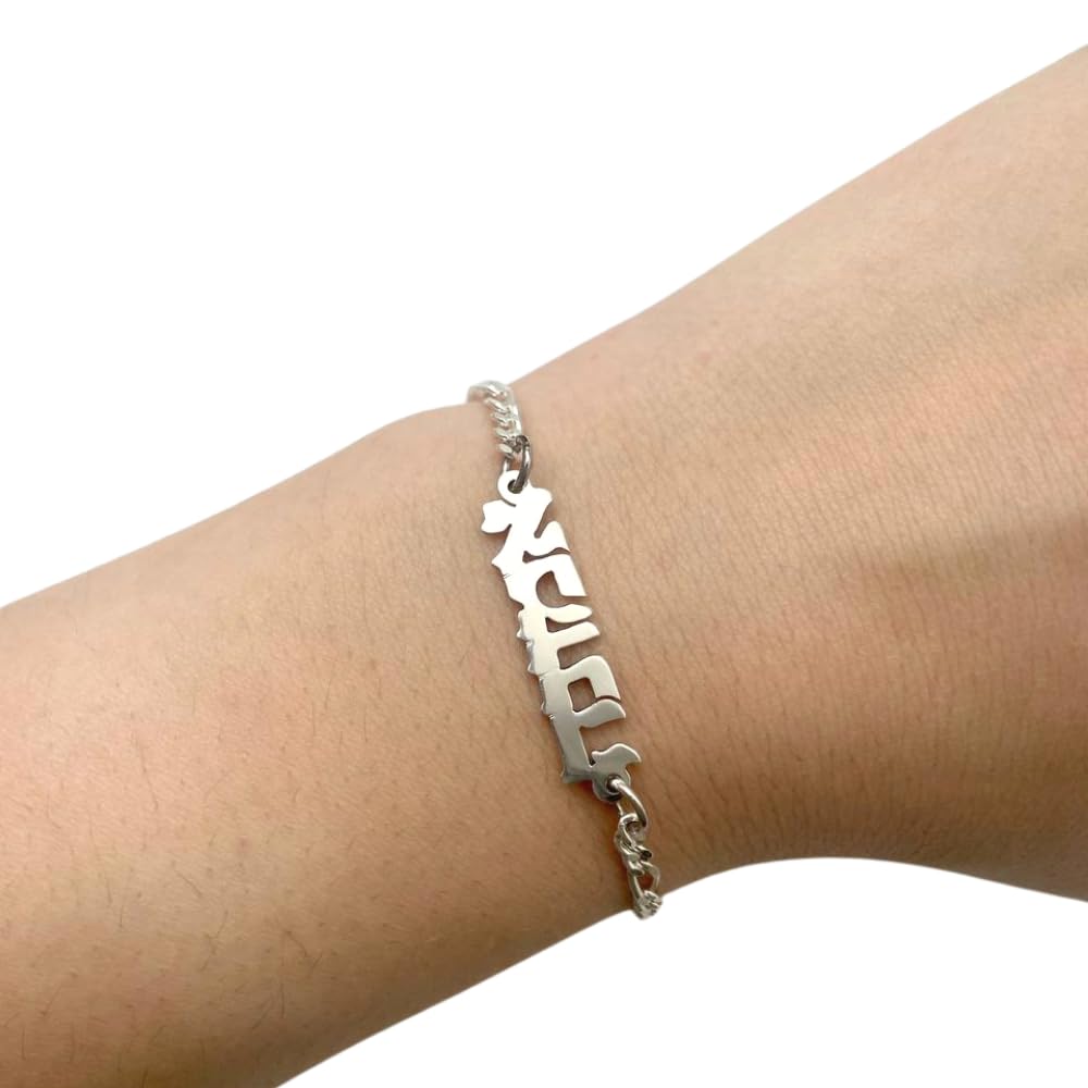 Baltinester Hebrew Name Bracelet in 925 Sterling Silver with Figaro Chain and Spring Ring, Jewelry from Israel