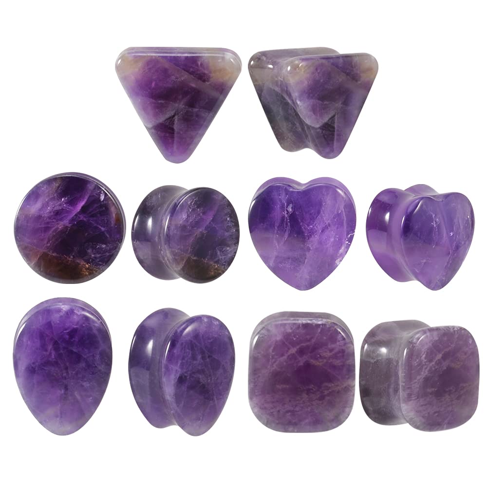 TBOSEN 10PCS Set Organic Stone Amethyst Ear Gauges Plugs Tunnels Double Flared Saddle Gauges Piercing Set Stretchers Gift 0g-5/8 in 8mm-16mm