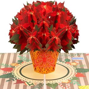 Paper Love 3D Pop Up Christmas Cards, Poinsettias Plant, 3D Popup Greeting Cards, Gift For Christmas or Holidays, 5" x 7" Cover - Includes Envelope and Note Tag