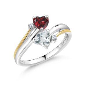 925 Silver 10K Yellow Gold Red Garnet Sky Blue Aquamarine and Lab Grown Diamond 2 Heart Couple Women Engagement Mother Ring (1.04 Cttw, Gemstone Birthstone, Available In Size 5, 6, 7, 8, 9)