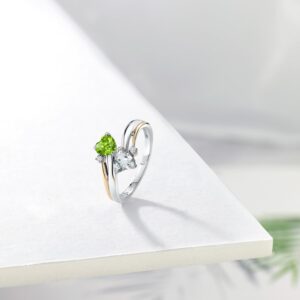 925 Sterling Silver and 10K Yellow Gold Green Peridot Sky Blue Aquamarine and Lab Grown Diamond 2 Heart Couple Engagement Mother Ring (0.94 Cttw, Gemstone Birthstone, Available In Size 5, 6, 7, 8, 9)