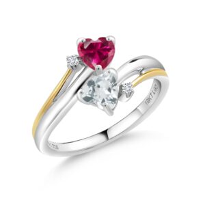 2-Tone 925 Sterling Silver and 10K Yellow Gold Red Created Ruby Sky Blue Aquamarine and White Lab Grown Diamond Women Ring (1.04 Cttw, Gemstone Birthstone, Available In Size 5, 6, 7, 8, 9)