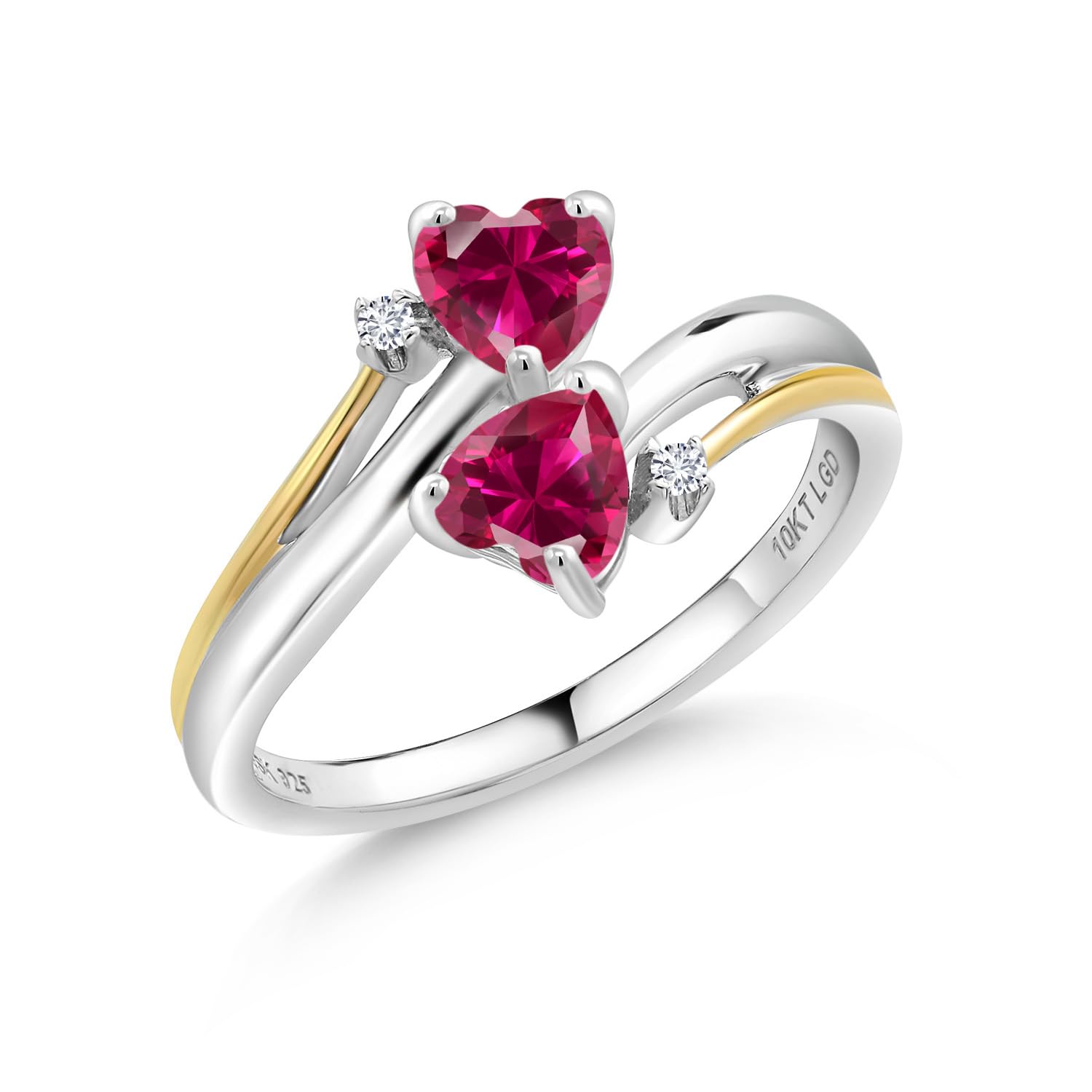 Gem Stone King 925 Sterling Silver and 10K Yellow Gold 2 Tone Red Created Ruby and White Lab Grown Diamond 2 Heart Couple Women Engagement Mother Ring (1.22 Cttw, Available In Size 5, 6, 7, 8, 9)