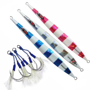 kmucutie saltwater glow fishing jigs deep sea fishing lures jigging artificial lures for tuna,grouper,dogtooth,bass salmon (3 pcs mixed color d-with hook, 100 g)