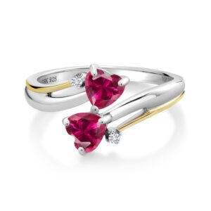 Gem Stone King 925 Sterling Silver and 10K Yellow Gold 2 Tone Red Created Ruby and White Lab Grown Diamond 2 Heart Couple Women Engagement Mother Ring (1.22 Cttw, Available In Size 5, 6, 7, 8, 9)