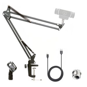 movo studio boom microphone arm for webcam - scissor suspension stand for webcam, webmic, microphone, ring light with usb-c to usb-a extension cable and thread adapters - boom arm for microphone