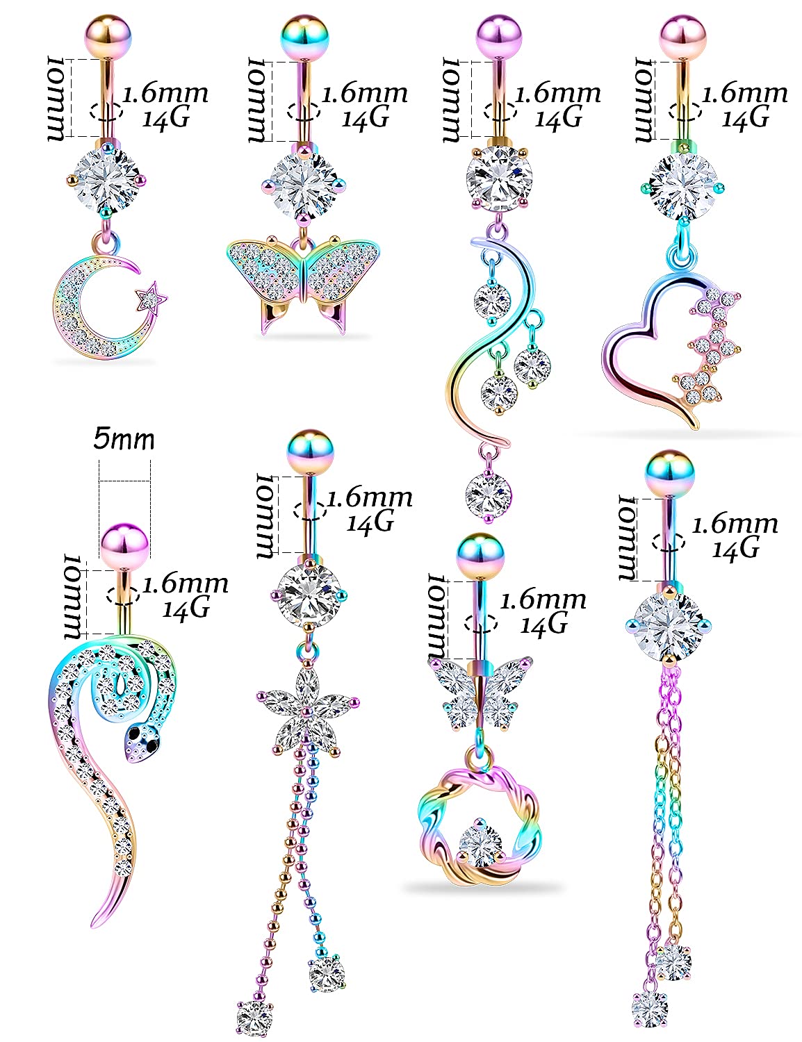 Vsnnsns 14G Belly Button Rings Belly Rings for Women Stainless Steel Butterfly Belly Piercing Jewelry Surgical Steel Dangle Belly Button Rings Curved Navel Ring Barbell Body Jewelry Piercing Rainbow