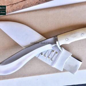 GK&CO. Kukri House Authentic Kukri/khukuri-9 Inch Bahadur Hunter Knife-Carbon Steel Made White Bone Full Tang Handle White Leather Sheath (14" Overall Length)- Handmade from Nepal