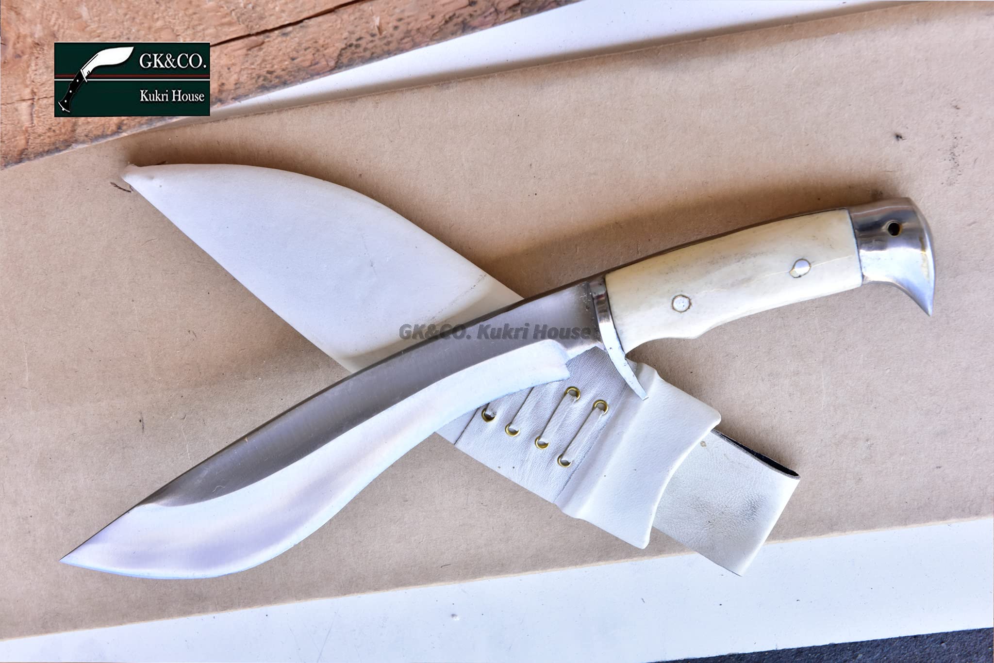 GK&CO. Kukri House Authentic Kukri/khukuri-9 Inch Bahadur Hunter Knife-Carbon Steel Made White Bone Full Tang Handle White Leather Sheath (14" Overall Length)- Handmade from Nepal