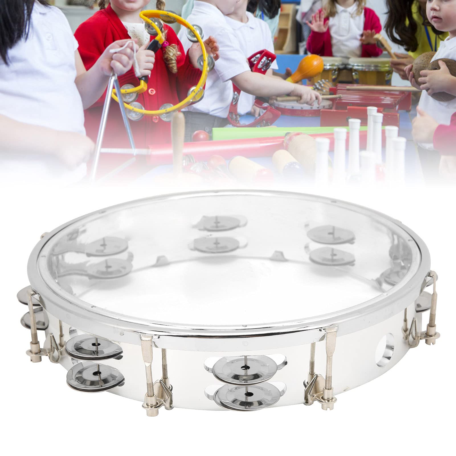 Tambourine for Adults 10 inch Double Row Metal Jingles Hand Held Musical Educational Drum Instrument for Party Games(Transparent color)