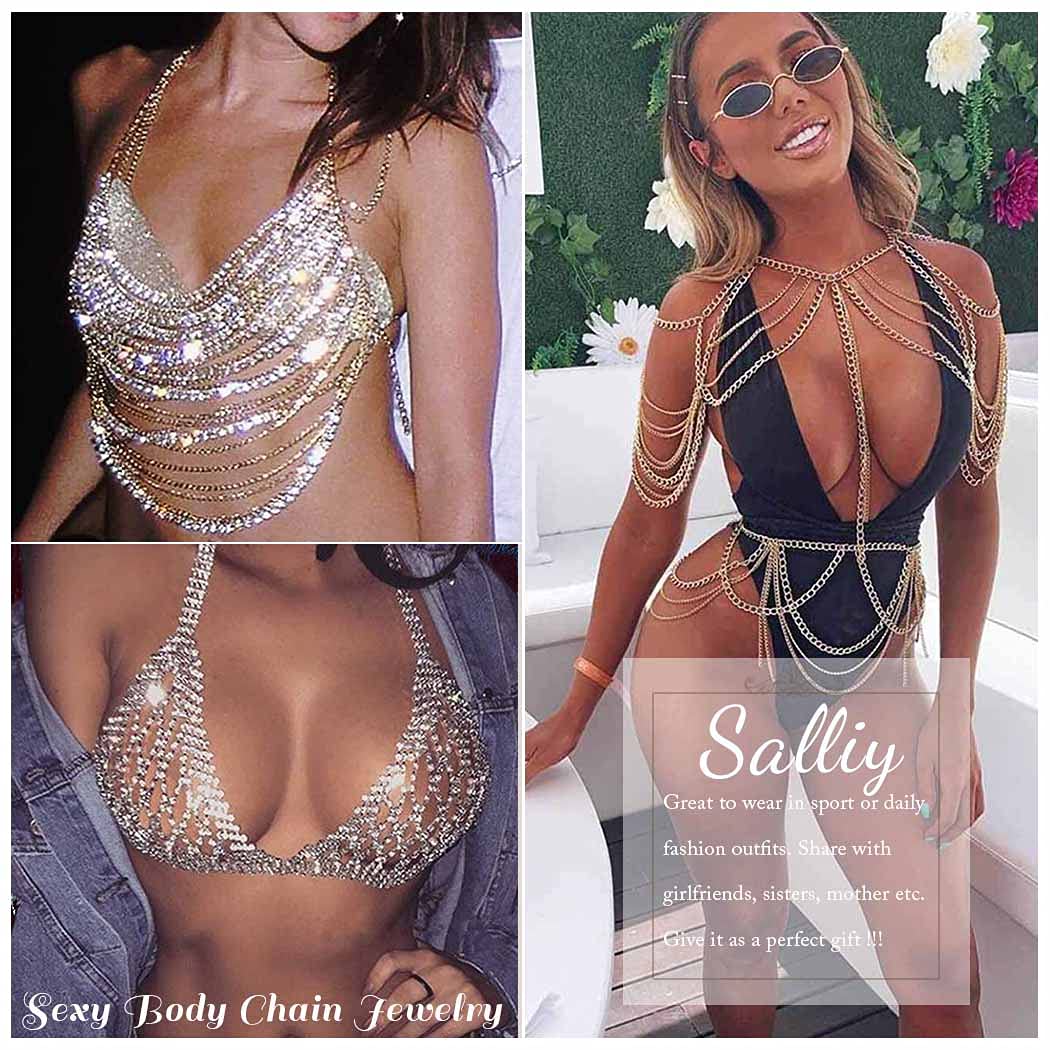 Aiosy Boho Body Chain Bra Silver Sexy Rhinestone Bikini Bra Body Halter Backless Sequins Chain Bra Beach Body Accessories Jewelry for Women (Top)