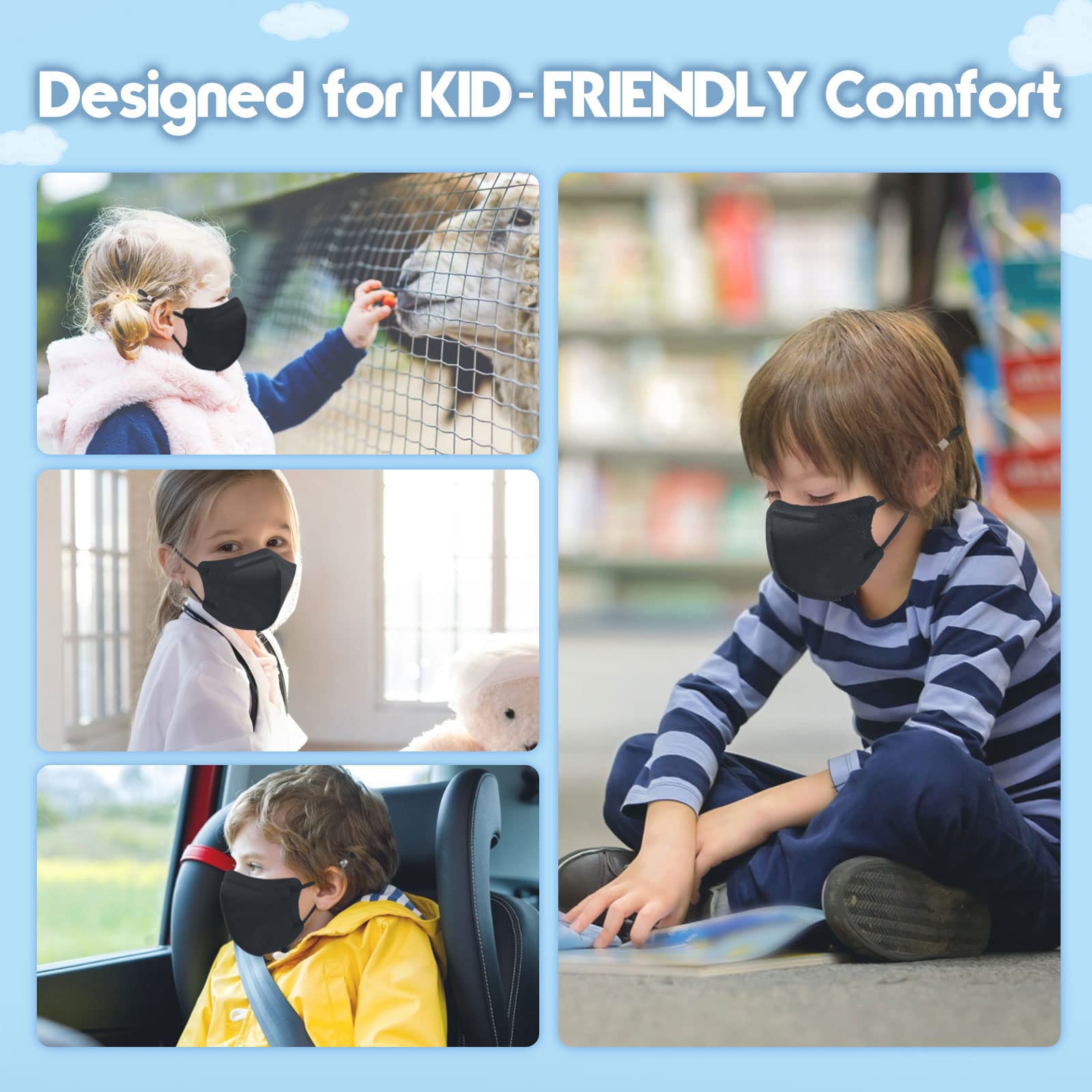 WWDOLL Kids KN95 Face Mask 50 Pack, 5-Layers Breathable KN95 Masks for Children, Black