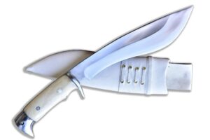 gk&co. kukri house authentic kukri/khukuri-9 inch bahadur hunter knife-carbon steel made white bone full tang handle white leather sheath (14" overall length)- handmade from nepal