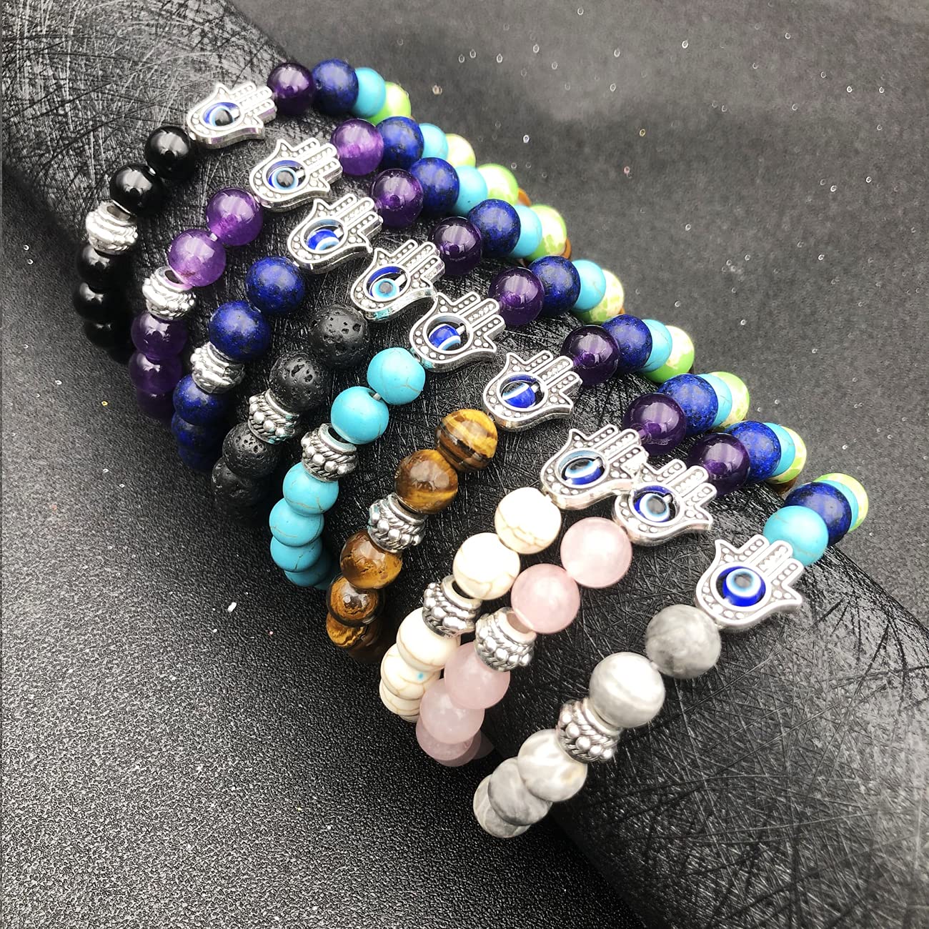 BOMAIL 2-9pcs Evil Eye Bracelet Set Hamsa 7 Chakra Gemstone Lava Stone Bracelets Blue Evil Eye Hamsa Charm Bead Bracelets for Men Women Hand of Fatima Bracelet