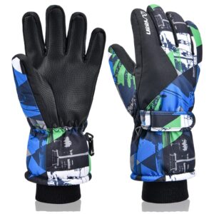 RunRRIn Ski Gloves, Waterproof Snow Gloves -30℉ Winter Gloves for Cold Weather, Warm Snowboarding Gloves - for Men, Women, Kids, Boys and Girls (Black-Blue XS)