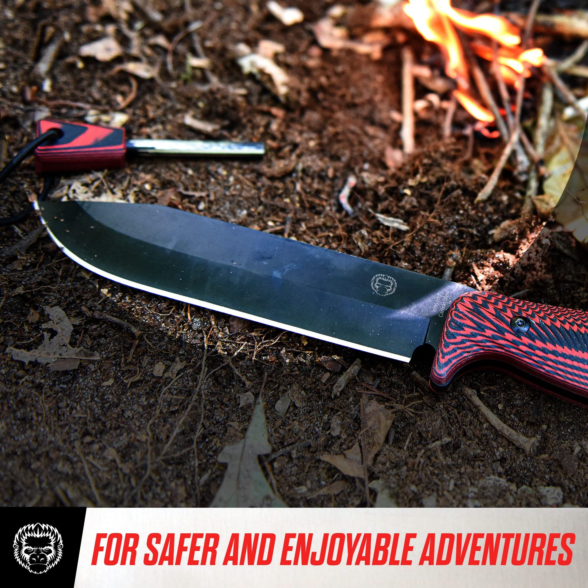 Holtzman's Gorilla Survival 'Mandrill' Fixed Blade Hunting Knife with Sheath, Fire Starter, G10 Scraper & Paracord (Red+Black)