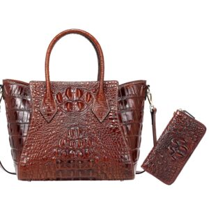 PIJUSHI Designer Genuine Leather Top Handle Shoulder Bag Bundle with Crocodile Leather Wristlet Wallet