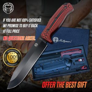 Holtzman's Gorilla Survival 'Mandrill' Fixed Blade Hunting Knife with Sheath, Fire Starter, G10 Scraper & Paracord (Red+Black)