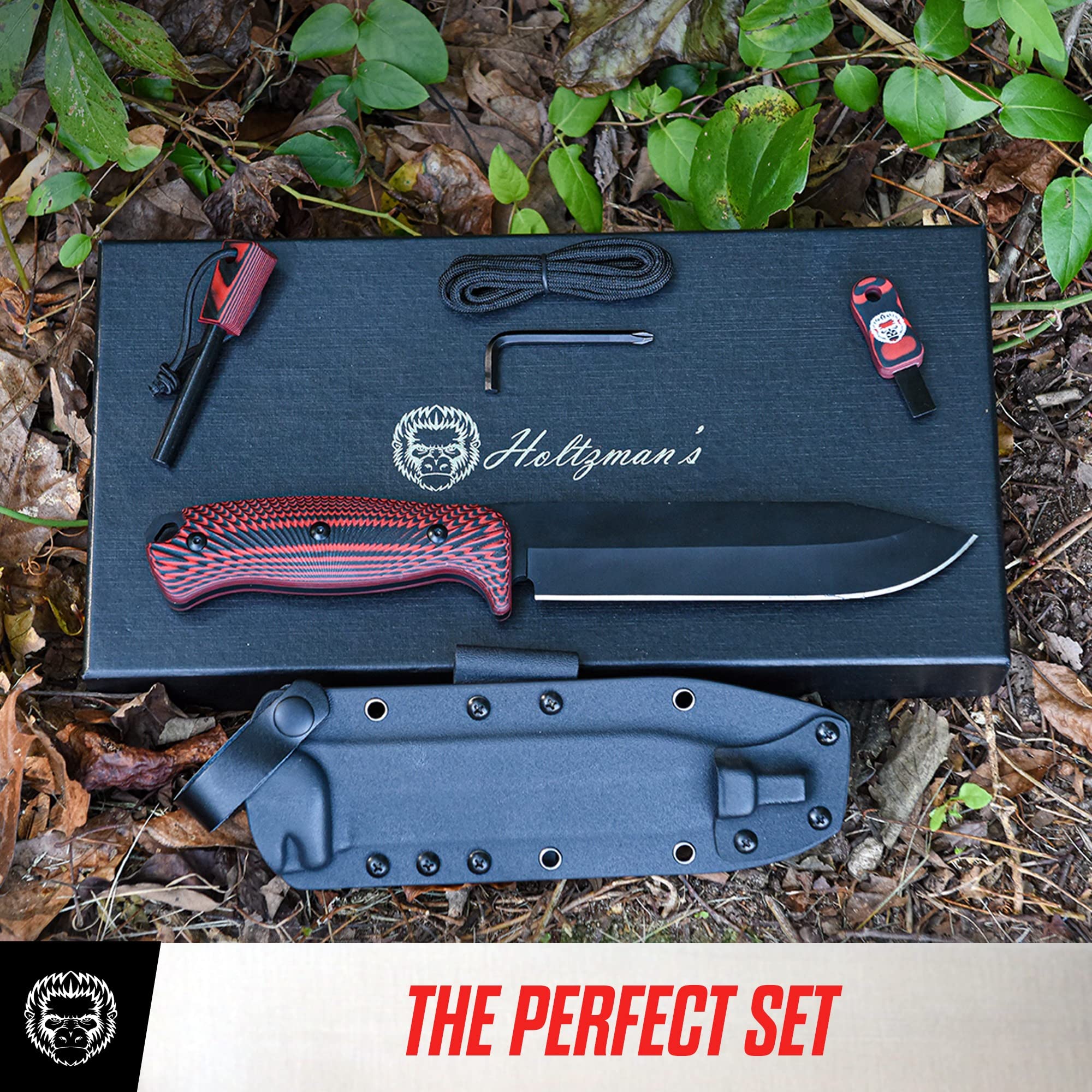 Holtzman's Gorilla Survival 'Mandrill' Fixed Blade Hunting Knife with Sheath, Fire Starter, G10 Scraper & Paracord (Red+Black)