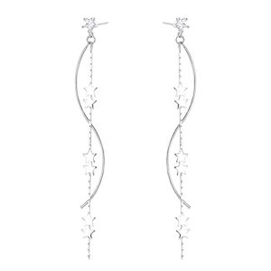 SLUYNZ Sterling Silver Star Dangle Earrings for Women Teens Girls Long Dangle Earrings Chain Curve Tassel (A-Silver)