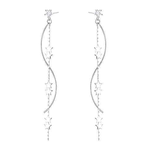 SLUYNZ Sterling Silver Star Dangle Earrings for Women Teens Girls Long Dangle Earrings Chain Curve Tassel (A-Silver)