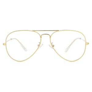 Classic Aviator Blue Light Glasses for Women Men, Metal Frame Clear Lens Eyeglasses (Gold)