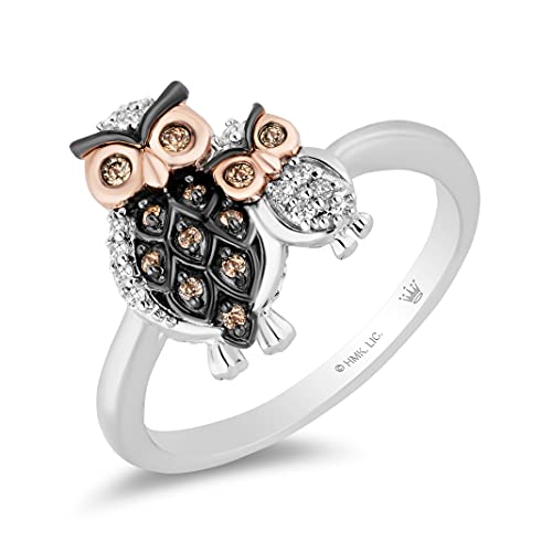 Jewelili Hallmark Fine Jewelry Sterling Silver and 14K Rose Gold 1/8 Cttw Champagne and Natural White Round Diamond Mom and Baby Owl Ring, Size 9