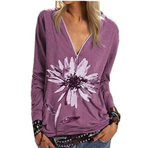 mayntop womens tops shirt long sleeve big flower daisy graphic print pattern boho v-neck zipper plus size loose blouse(h purple,m)