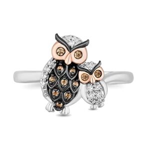 jewelili hallmark fine jewelry sterling silver and 14k rose gold 1/8 cttw champagne and natural white round diamond mom and baby owl ring, size 9