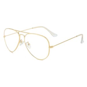 Classic Aviator Blue Light Glasses for Women Men, Metal Frame Clear Lens Eyeglasses (Gold)