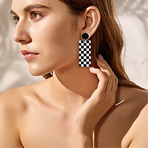 WUWEIJIAJIA Unique Acrylic Black White Striped Checkered Dangle Drop Earrings Heart Flower Pattern Stud Earrings for Women Statement (Style-5)