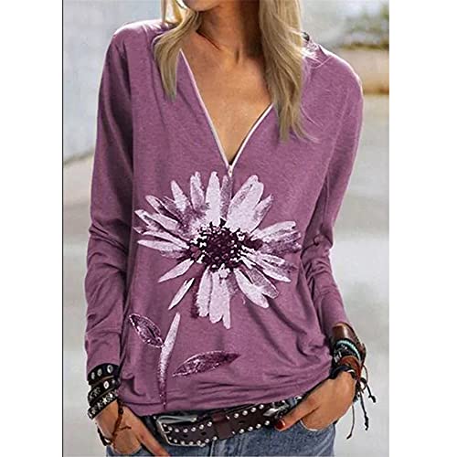 Mayntop Womens Tops Shirt Long Sleeve Big Flower Daisy Graphic Print Pattern Boho V-Neck Zipper Plus Size Loose Blouse(H Purple,M)