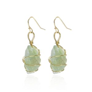 Green Fluorite Earrings, Raw Green Fluorite Earrings, Dangle Earrings, Delicate Stone Charm Gold Plated Drop Earrings, Wire wrapped crystal, Gemstone earrings