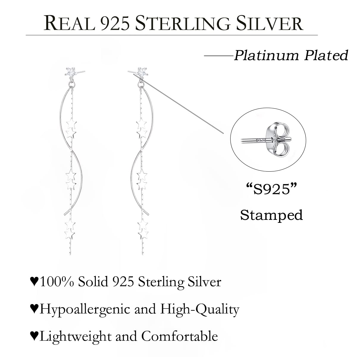 SLUYNZ Sterling Silver Star Dangle Earrings for Women Teens Girls Long Dangle Earrings Chain Curve Tassel (A-Silver)