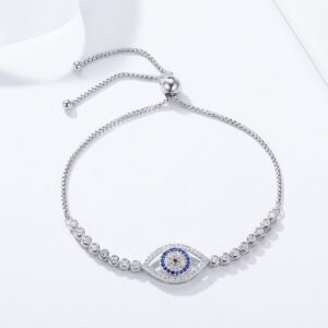 BISAER 925 Sterling Silver Blue Evil Eye Bracelet with Cubic Zirconia Adjustable Chain Bracelets for Women