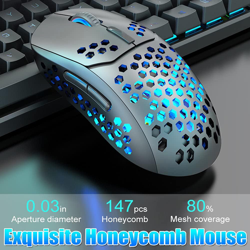 NORMIA RITA 【Dual Modes】 Honeycomb Wireless Mouse Bluetooth and 2.4GHz Two Modes Connection Computer Mouse with 7 Colors Backlight Silent Mouse 4 DPI Levels for Gaming, Working