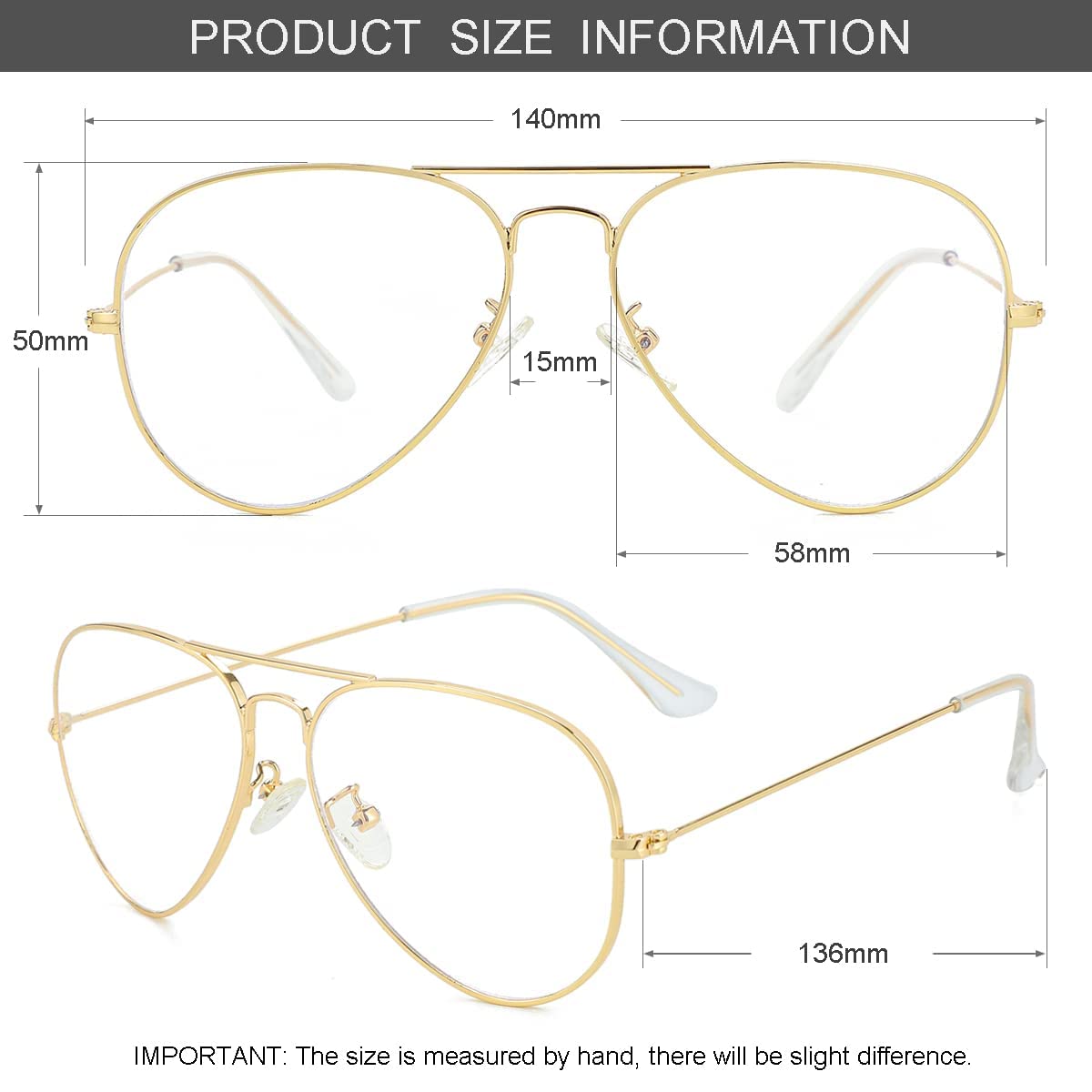 Classic Aviator Blue Light Glasses for Women Men, Metal Frame Clear Lens Eyeglasses (Gold)