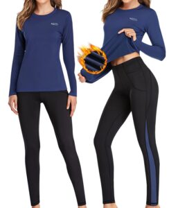 hiziti thermal underwear for women long johns set with fleece lined base layer suits (blue, medium)