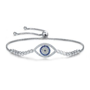 BISAER 925 Sterling Silver Blue Evil Eye Bracelet with Cubic Zirconia Adjustable Chain Bracelets for Women