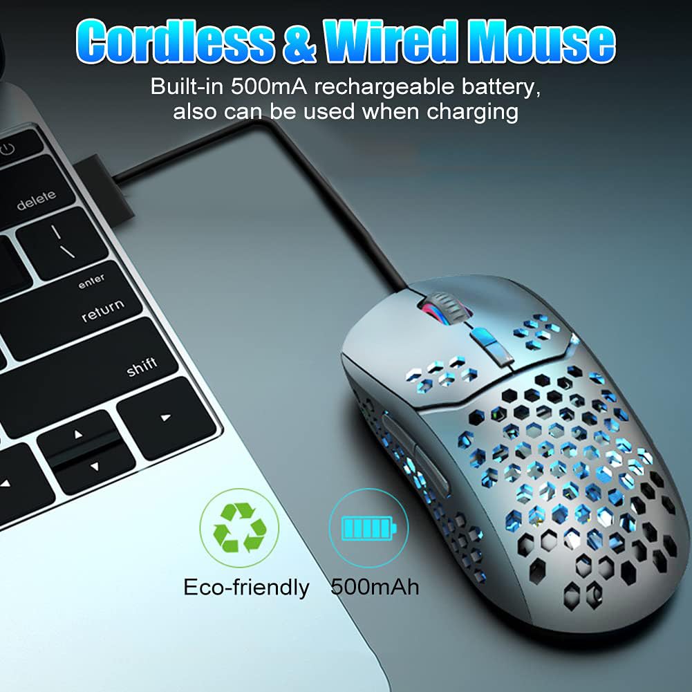 NORMIA RITA 【Dual Modes】 Honeycomb Wireless Mouse Bluetooth and 2.4GHz Two Modes Connection Computer Mouse with 7 Colors Backlight Silent Mouse 4 DPI Levels for Gaming, Working