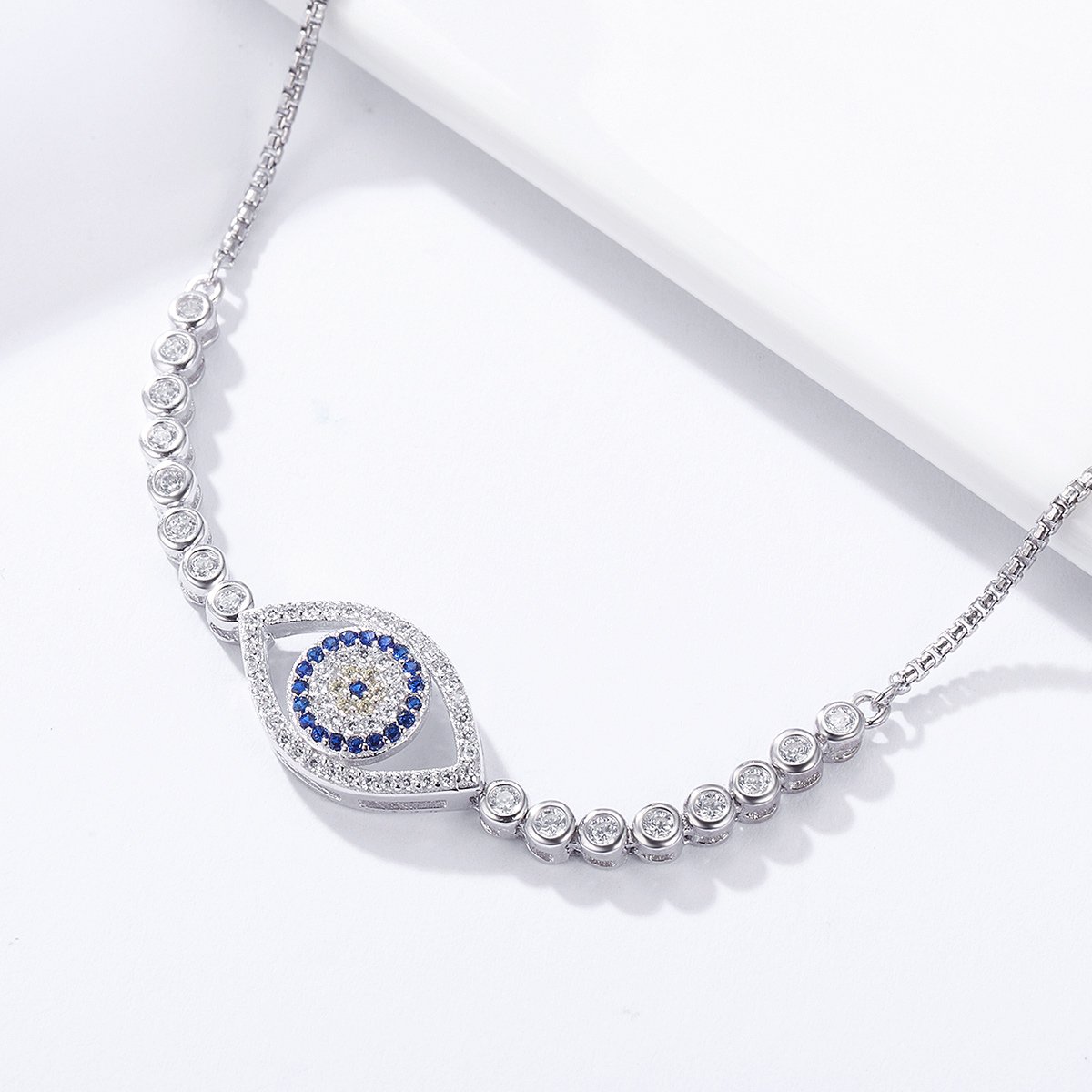 BISAER 925 Sterling Silver Blue Evil Eye Bracelet with Cubic Zirconia Adjustable Chain Bracelets for Women