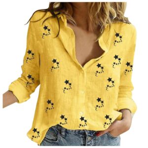 Mayntop Womens Tops Shirt Long Sleeve Star Graphic Pattern Print Plus Size Button-Down V-Neck Loose Linen Blouse(F Yellow,L)