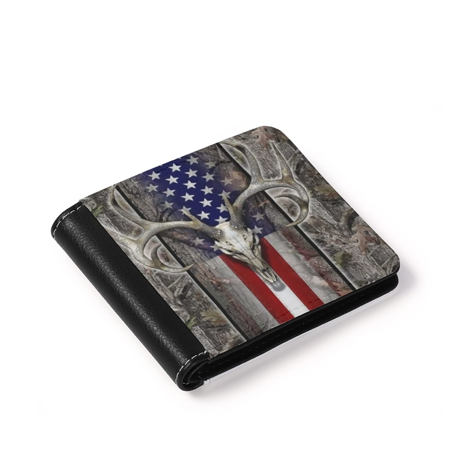 LedBack Deer American Flag Camo Print PU Leather Men's Slim Bi-fold Wallet with Credit Card Holder