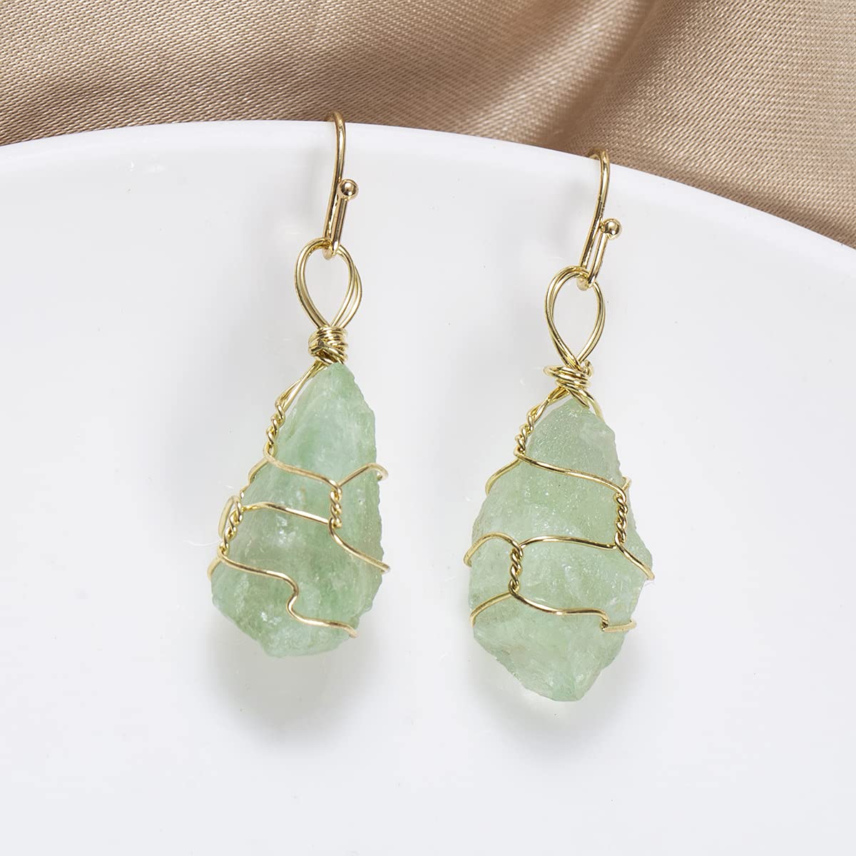 Green Fluorite Earrings, Raw Green Fluorite Earrings, Dangle Earrings, Delicate Stone Charm Gold Plated Drop Earrings, Wire wrapped crystal, Gemstone earrings