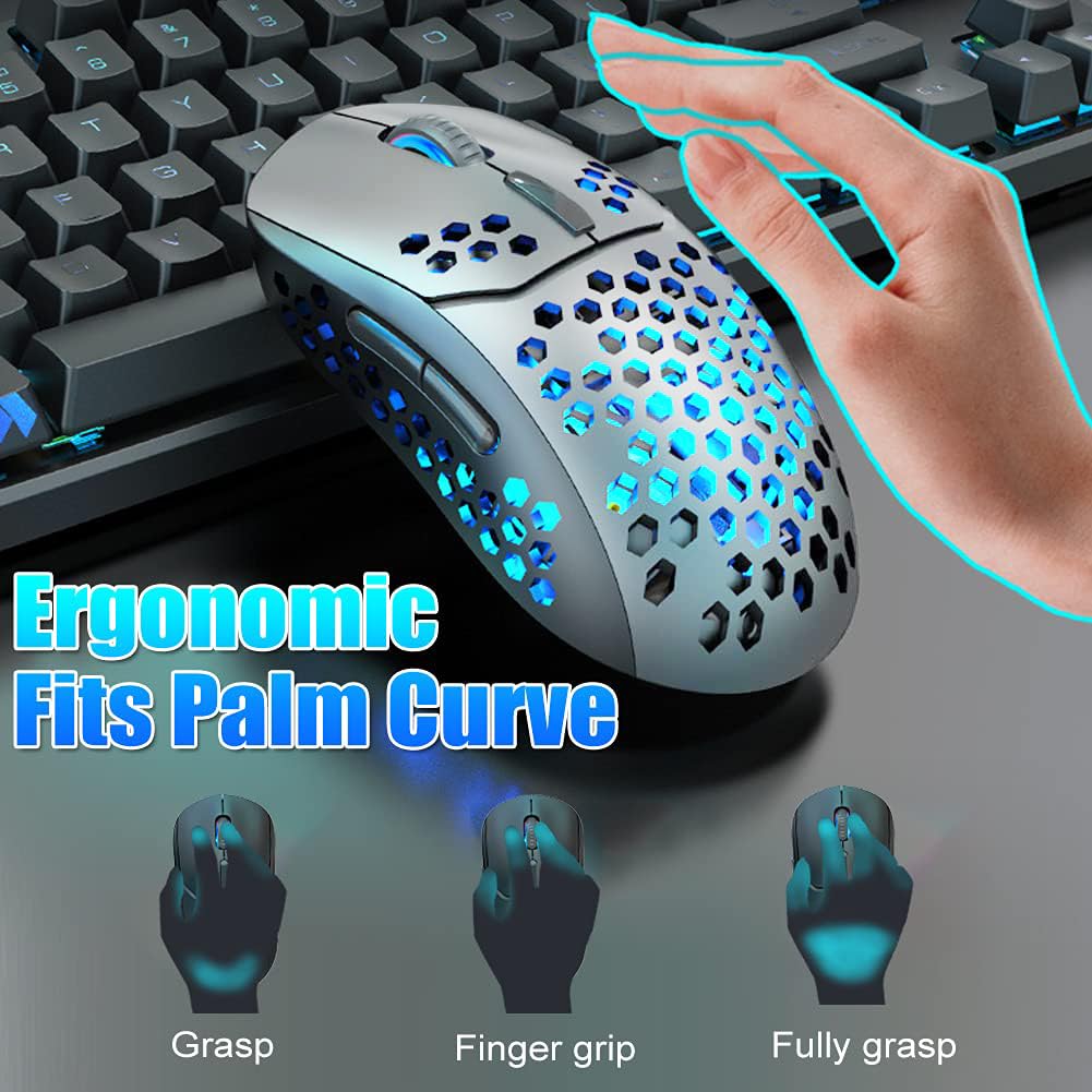 NORMIA RITA 【Dual Modes】 Honeycomb Wireless Mouse Bluetooth and 2.4GHz Two Modes Connection Computer Mouse with 7 Colors Backlight Silent Mouse 4 DPI Levels for Gaming, Working